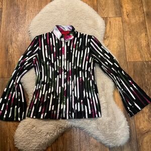 JS Collections Zip Front Blouse Size 4 Petite Mesh Floral Flare Sleeve Long Slev